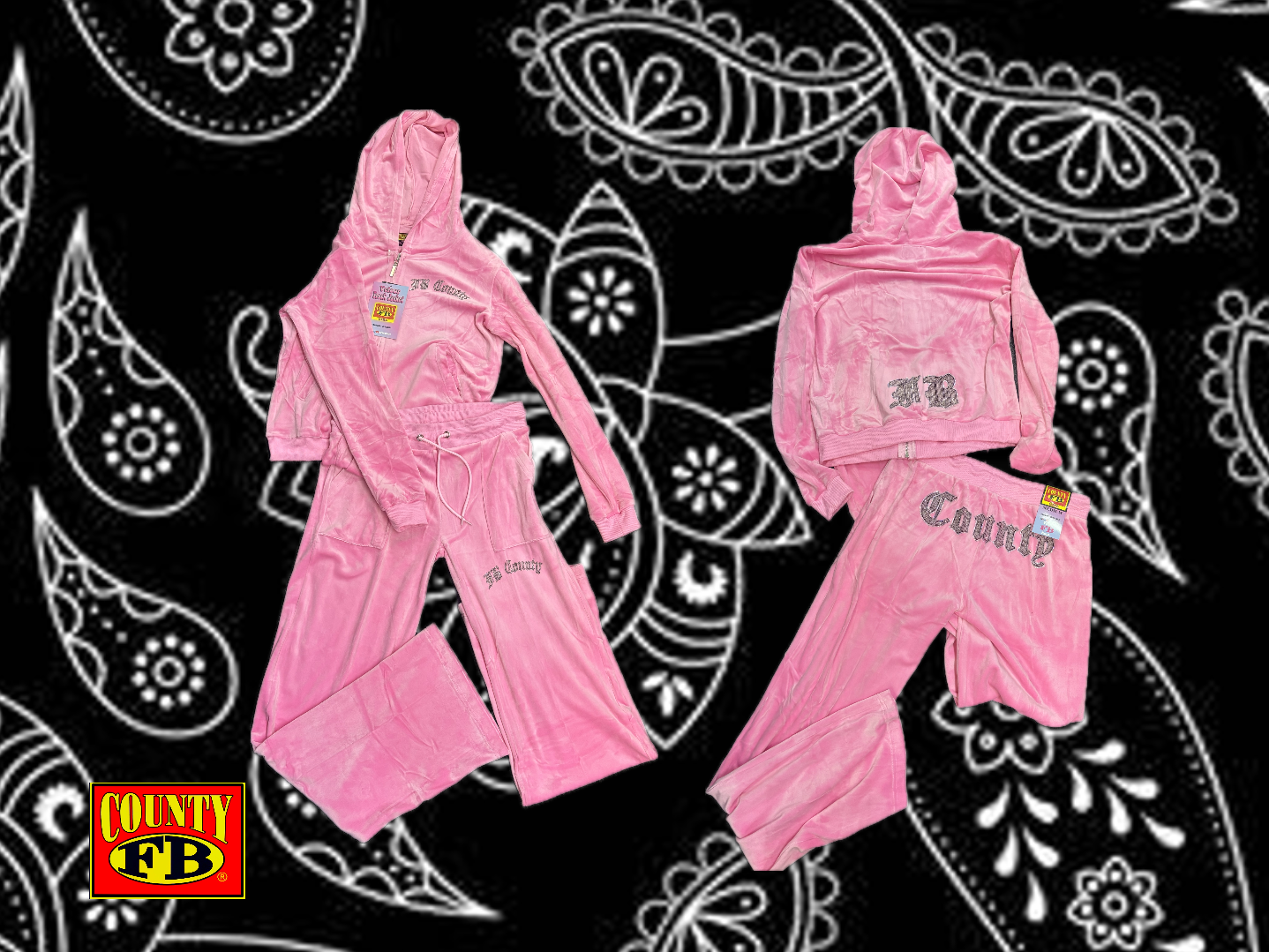 FB County Rhinestone Velour Tracksuit - Pink