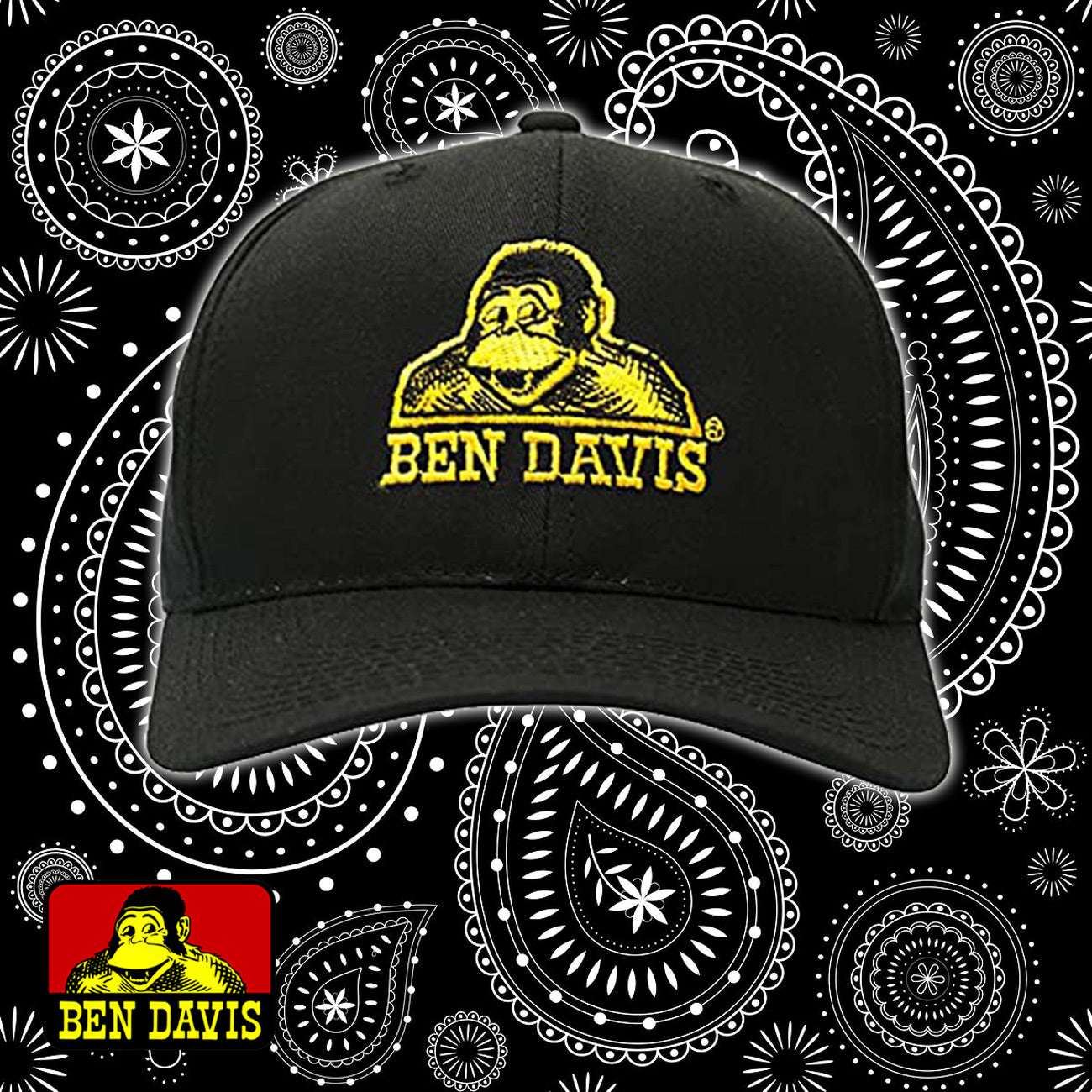 Ben Davis Baseball Cap - Structured -Black/Gold or White Embroidery